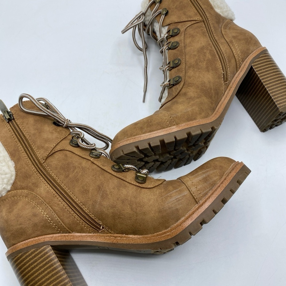 Chunky Heel Lace Up Faux Fur Lined Leather Boots 8.5 Nine West Brown Tan - Picture 6 of 7